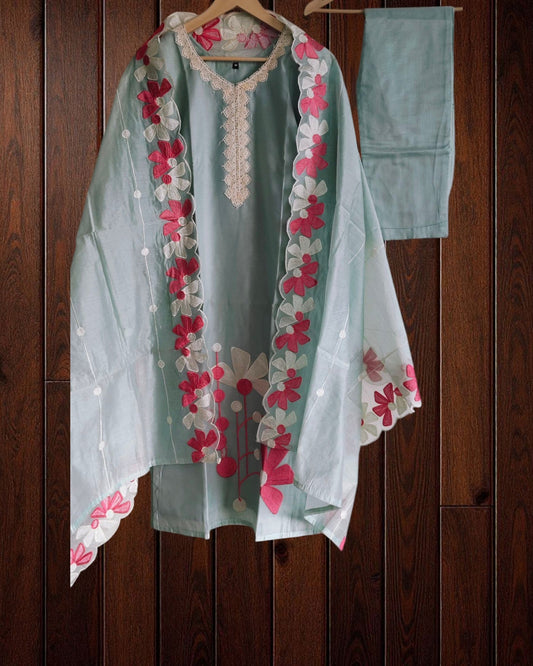 Chanderi Embroidered Kurta Set with Scalloped Dupatta – 3 Pc Fully Stitched Suit