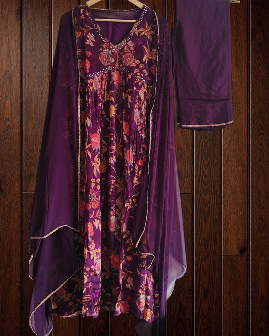 Elegant Aaliya Cut Chinnon Handwork Kurta Set with Chiffon Dupatta – 3-Piece Fully Stitched Suit