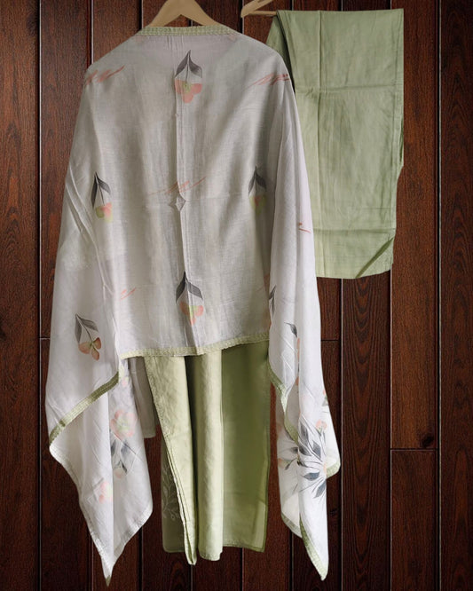 Cotton Embroidered Kurta Set with Brush-Paint Dupatta – Fully Stitched 3 Pc Suit