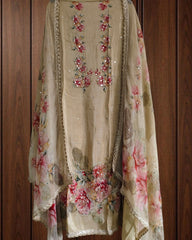 Crepe  designer Un-stiched Kurta with Mirror High-lighting  rayon bottom chiffon dupatta with highlighting