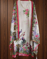 Elegant Muslin Semi-Stitched Suit with Digital Print & Neck Handwork