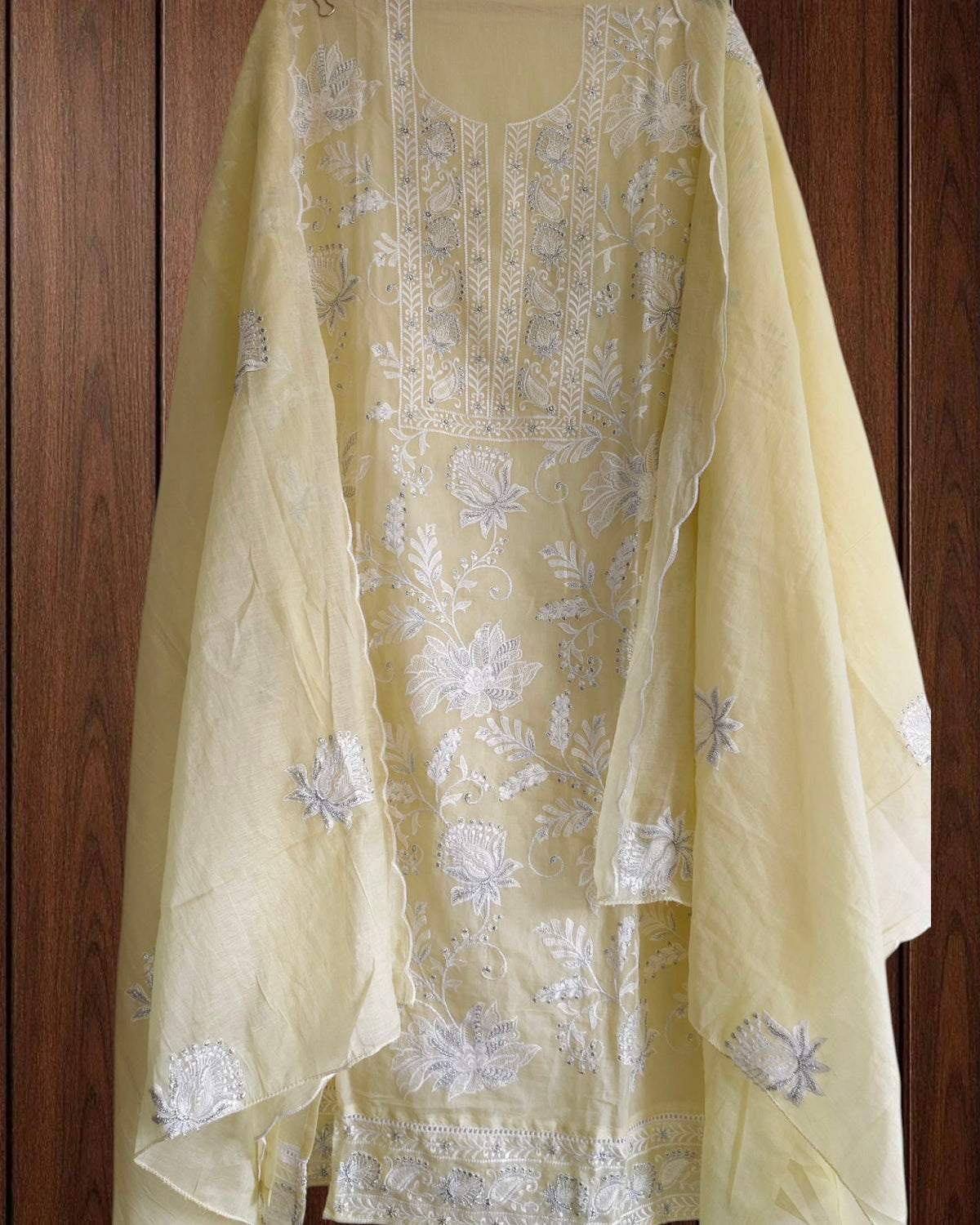 Mul Cotton Chikan-Kari & Zari Embroidery Festive Unstitched Suit (3 Pc Set)