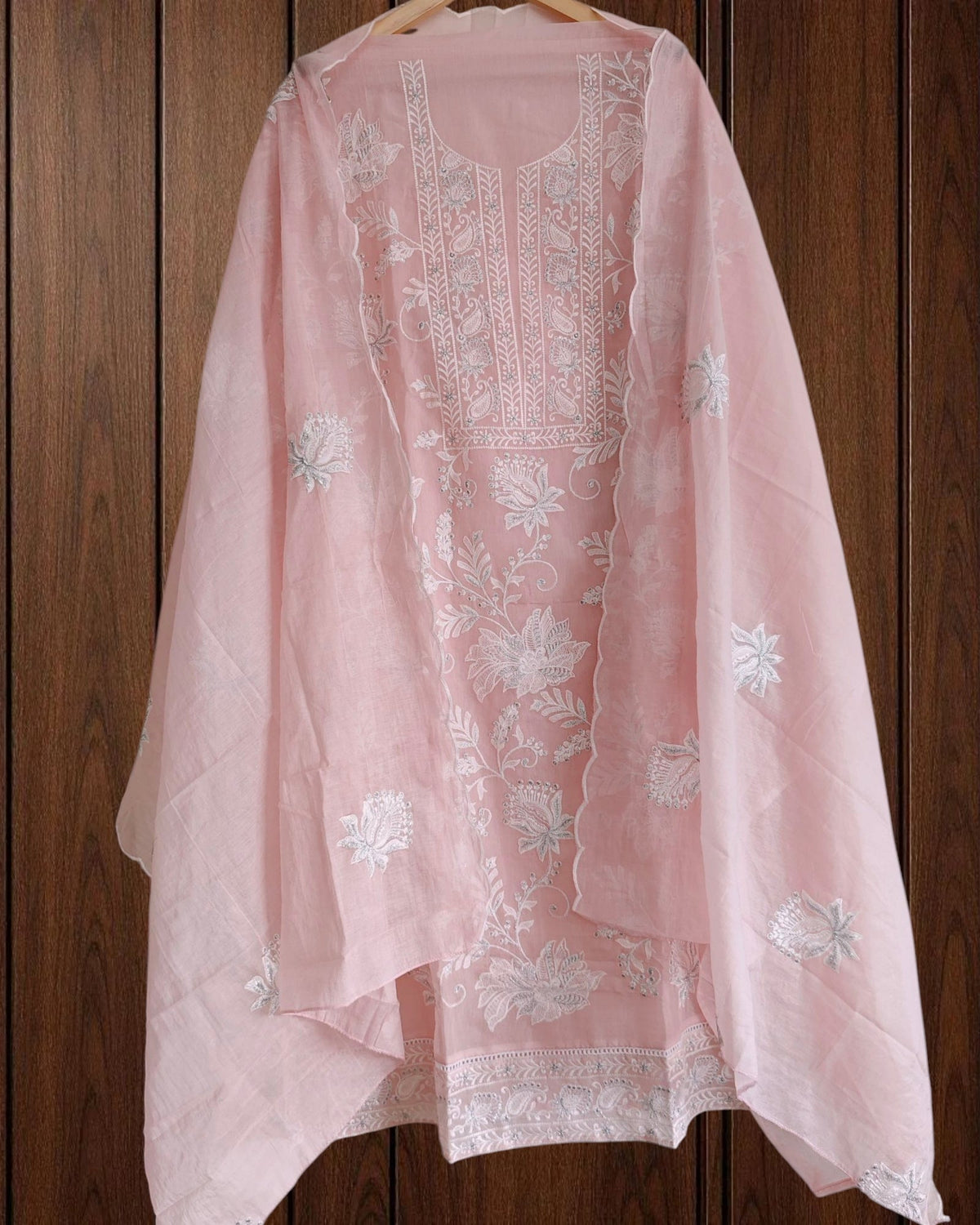 Mul Cotton Chikan-Kari & Zari Embroidery Festive Unstitched Suit (3 Pc Set)