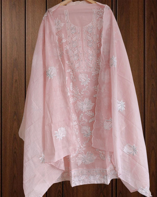 Mul Cotton Chikan-Kari & Zari Embroidery Festive Unstitched Suit (3 Pc Set)