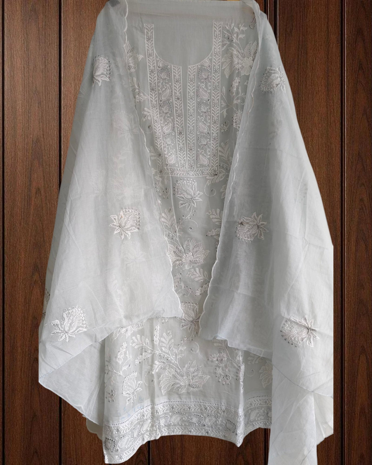 Mul Cotton Chikan-Kari & Zari Embroidery Festive Unstitched Suit (3 Pc Set)
