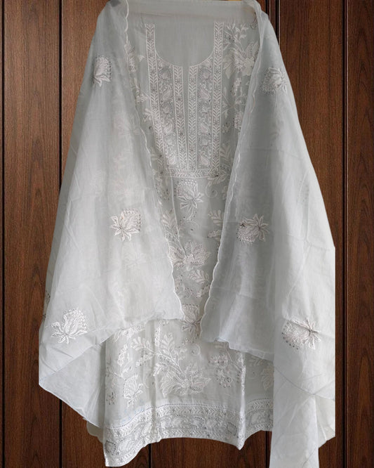 Mul Cotton Chikan-Kari & Zari Embroidery Festive Unstitched Suit (3 Pc Set)