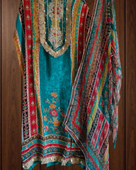 Crepe Digital Printed Unstitched Suit with Gotta Highlighting & Neck Work