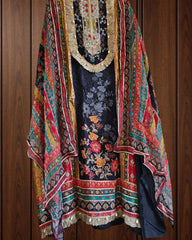 Crepe Digital Printed Unstitched Suit with Gotta Highlighting & Neck Work