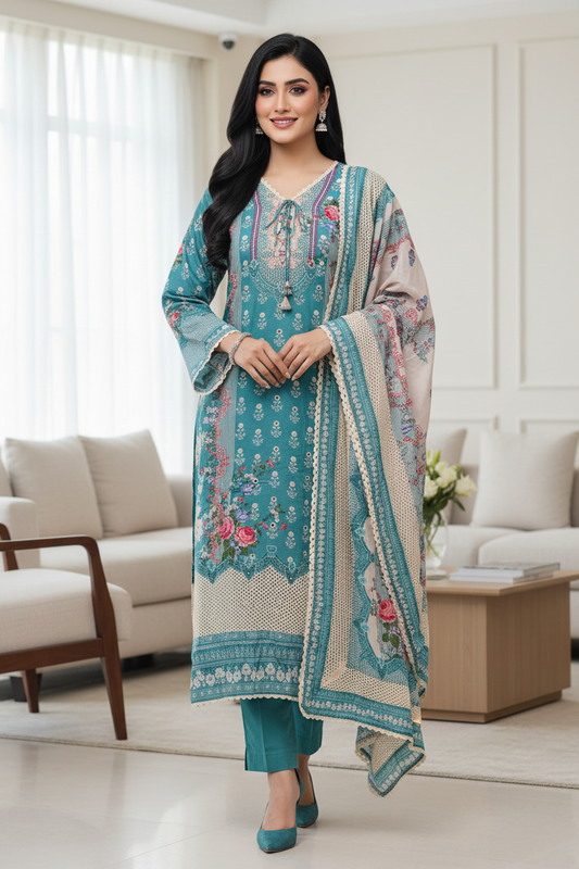 Pakistani Style Muslin Semi- Stitched Suit with Digital Print, Crochet & Mirror Highlights