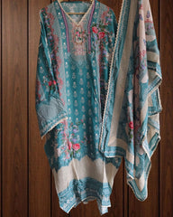 Pakistani Style Muslin Semi- Stitched Suit with Digital Print, Crochet & Mirror Highlights