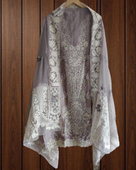 Elegant Embroidered Unstitched Suit – Cotton Kurta with Organza Daman & Soft Dupatta