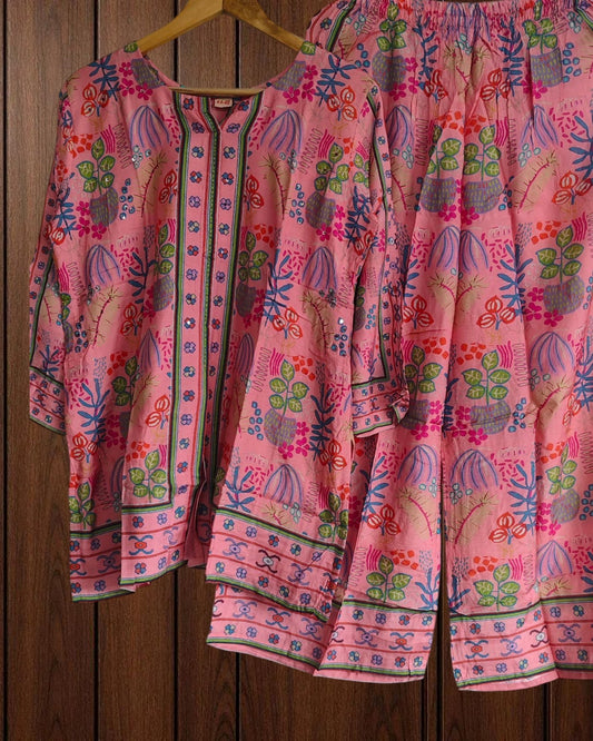 Muslin Digital Print Co-Ord Set – Short Kurta & Parallel Pants (2 Pc, Ready to Wear)