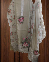 Elegant Organza Crochet Lace & Patch Embroidery Unstitched Suit Set (3 Pc)