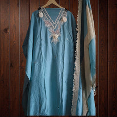 Soft Mul Chanderi 3D Embroidered & Mirror Work Unstitched Suit Set