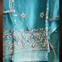 Pastel Organza Gotta & Mirror Work Unstitched Suit Set (3 Pc, Party Wear)