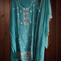 Pastel Organza Gotta & Mirror Work Unstitched Suit Set (3 Pc, Party Wear)