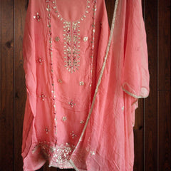 Pastel Organza Gotta & Mirror Work Unstitched Suit Set (3 Pc, Party Wear)