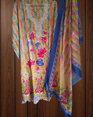 Cotton Digital Print Unstitched Suit with Neck Embroidery & Laser-Cut Detailing