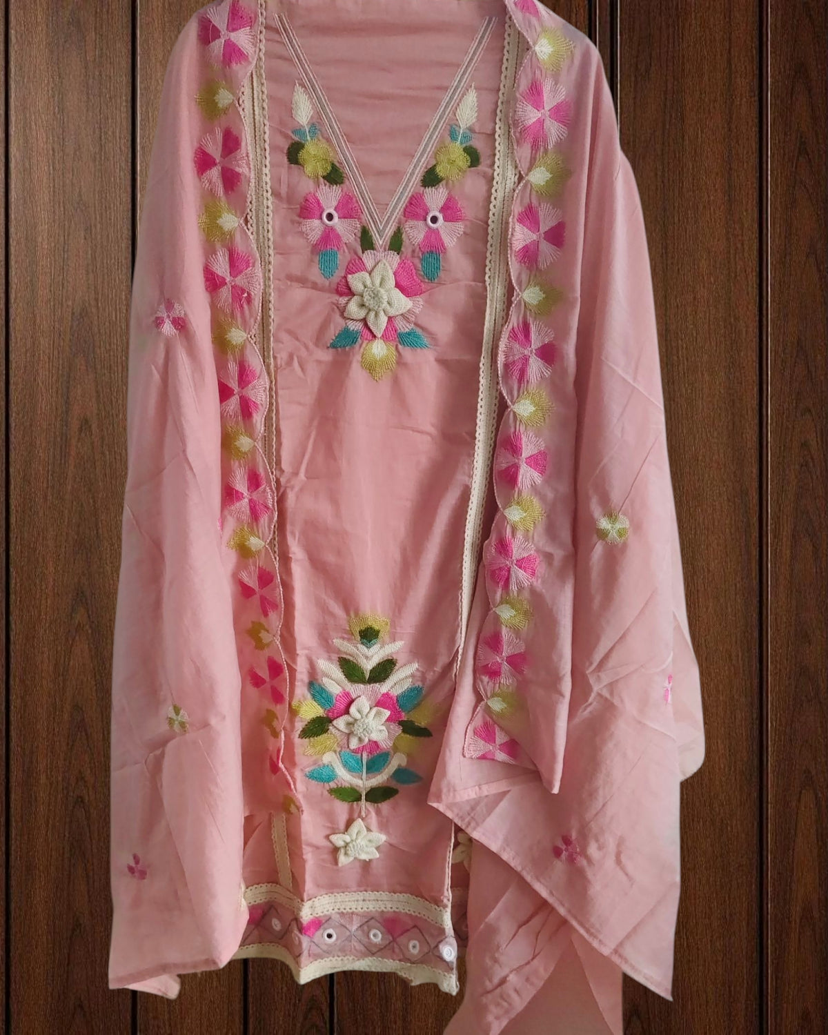 Designer Soft Mul Cotton Unstitched Suit – 3D Embroidery & Crochet Lace