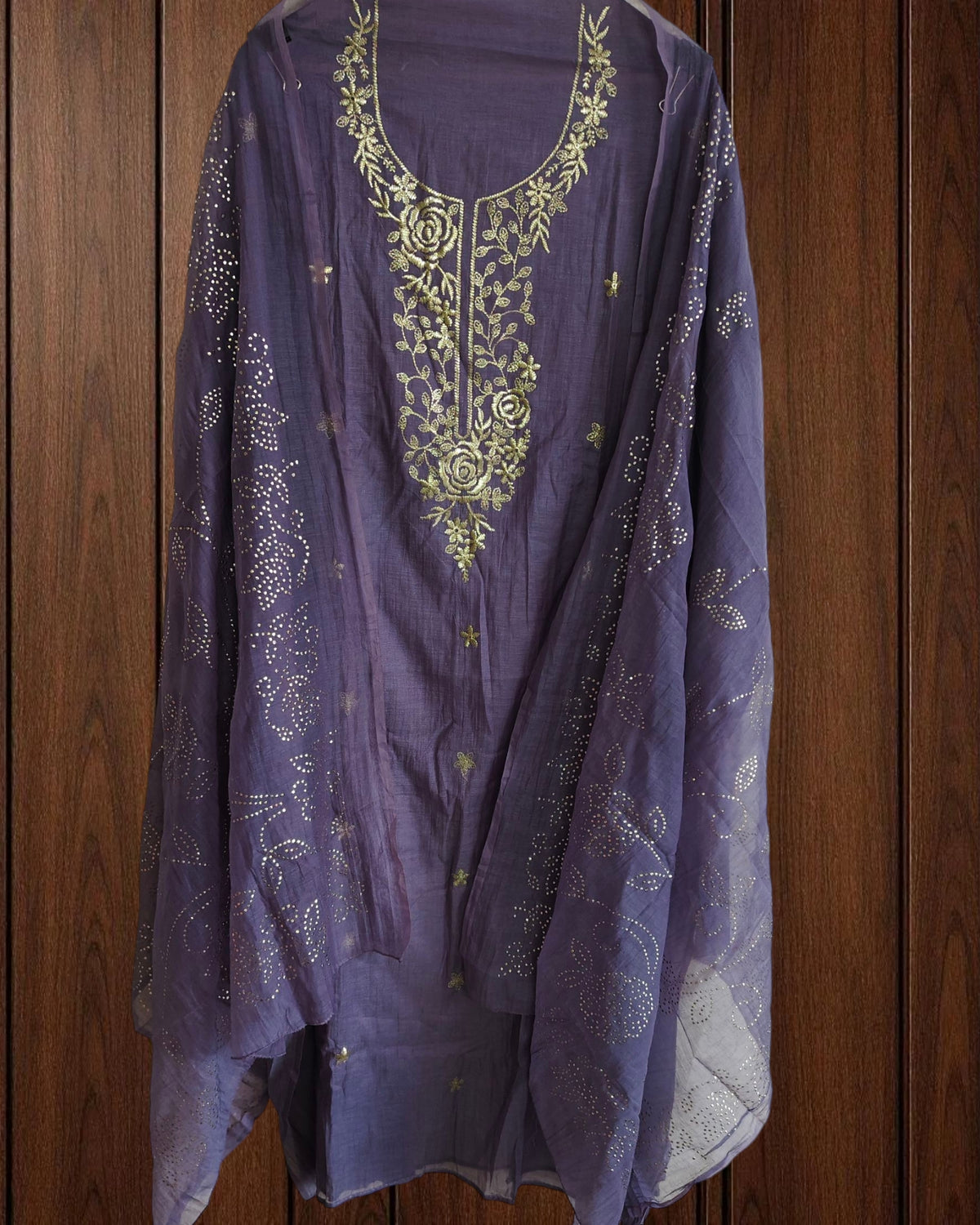 Pure Mul Chanderi Embroidered Un-Stitched Suit with Mukesh Dupatta