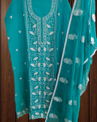 Elegant Organza Embroidered Suit with Pearl Highlights & Chiffon Dupatta