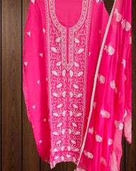 Elegant Organza Embroidered Suit with Pearl Highlights & Chiffon Dupatta