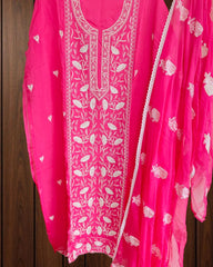 Elegant Organza Embroidered Suit with Pearl Highlights & Chiffon Dupatta