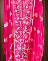 Elegant Organza Embroidered Suit with Pearl Highlights & Chiffon Dupatta