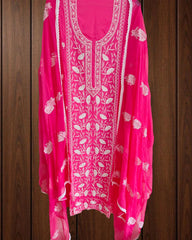 Elegant Organza Embroidered Suit with Pearl Highlights & Chiffon Dupatta