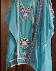 Graceful Mul Cotton 3D Embroidered Suit Set With Scalloped Embroidery Dupatta