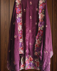 Parsi Embroidery- Designer Crepe Suit with Scalloped Chinnon Dupatta