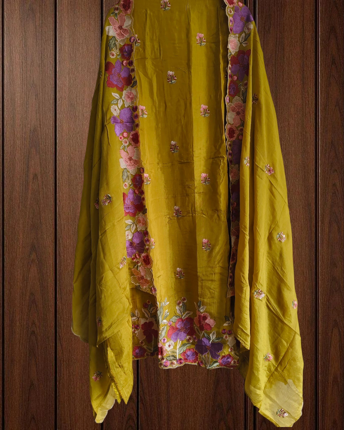Parsi Embroidery- Designer Crepe Suit with Scalloped Chinnon Dupatta