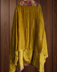 Parsi Embroidery- Designer Crepe Suit with Scalloped Chinnon Dupatta
