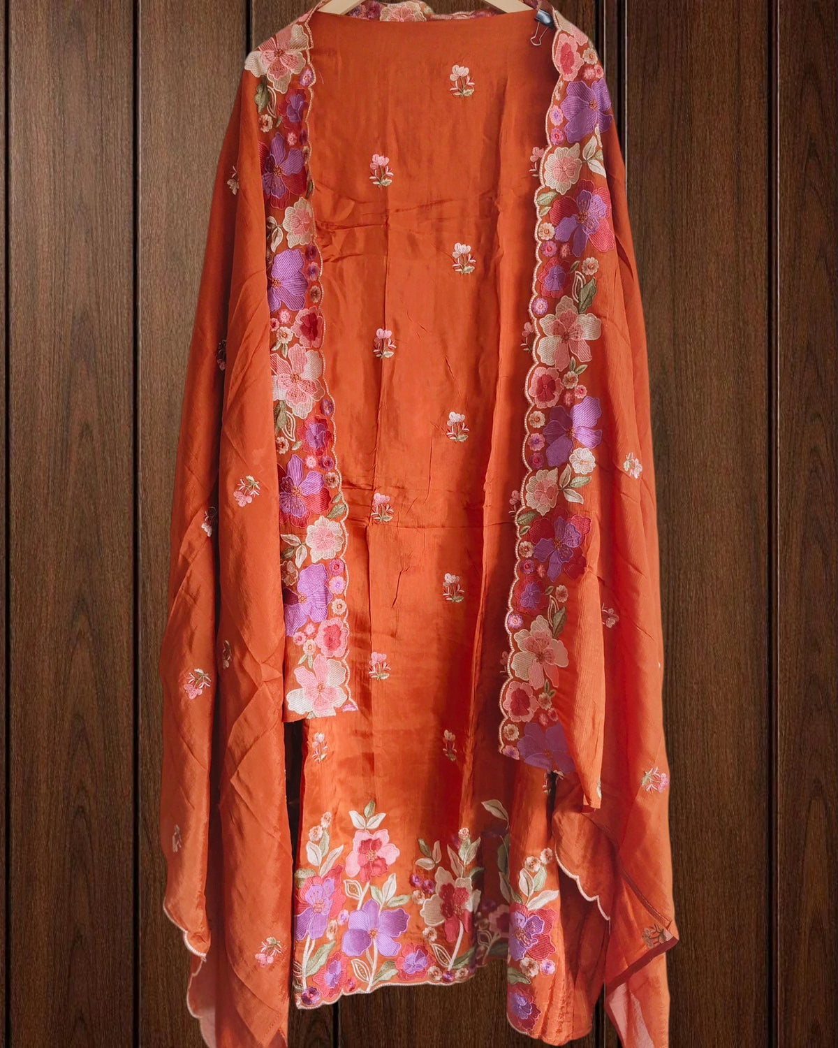 Parsi Embroidery- Designer Crepe Suit with Scalloped Chinnon Dupatta