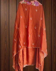 Parsi Embroidery- Designer Crepe Suit with Scalloped Chinnon Dupatta