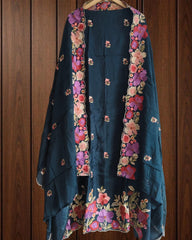 Parsi Embroidery- Designer Crepe Suit with Scalloped Chinnon Dupatta