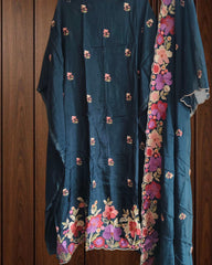 Parsi Embroidery- Designer Crepe Suit with Scalloped Chinnon Dupatta