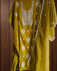 oft Mul Chanderi Unstitched Suit Set with Embroidery & Pearl Work
