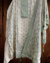 Banarsi Jacquard Weave Unstitched Suit with Shimmer Tissue Dupatta