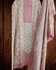 Banarsi Jacquard Weave Unstitched Suit with Shimmer Tissue Dupatta