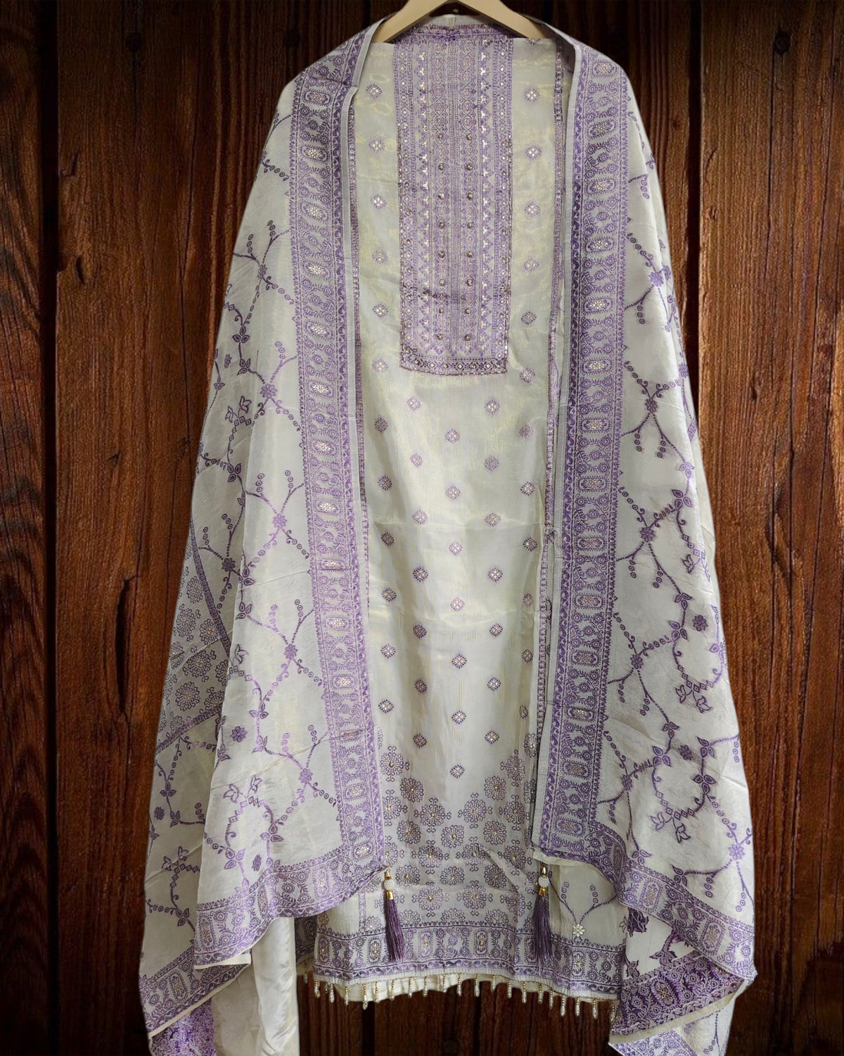 Banarsi Jacquard Weave Unstitched Suit with Shimmer Tissue Dupatta