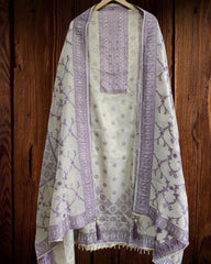 Banarsi Jacquard Weave Unstitched Suit with Shimmer Tissue Dupatta