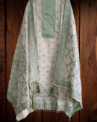 Banarsi Jacquard Weave Unstitched Suit with Shimmer Tissue Dupatta