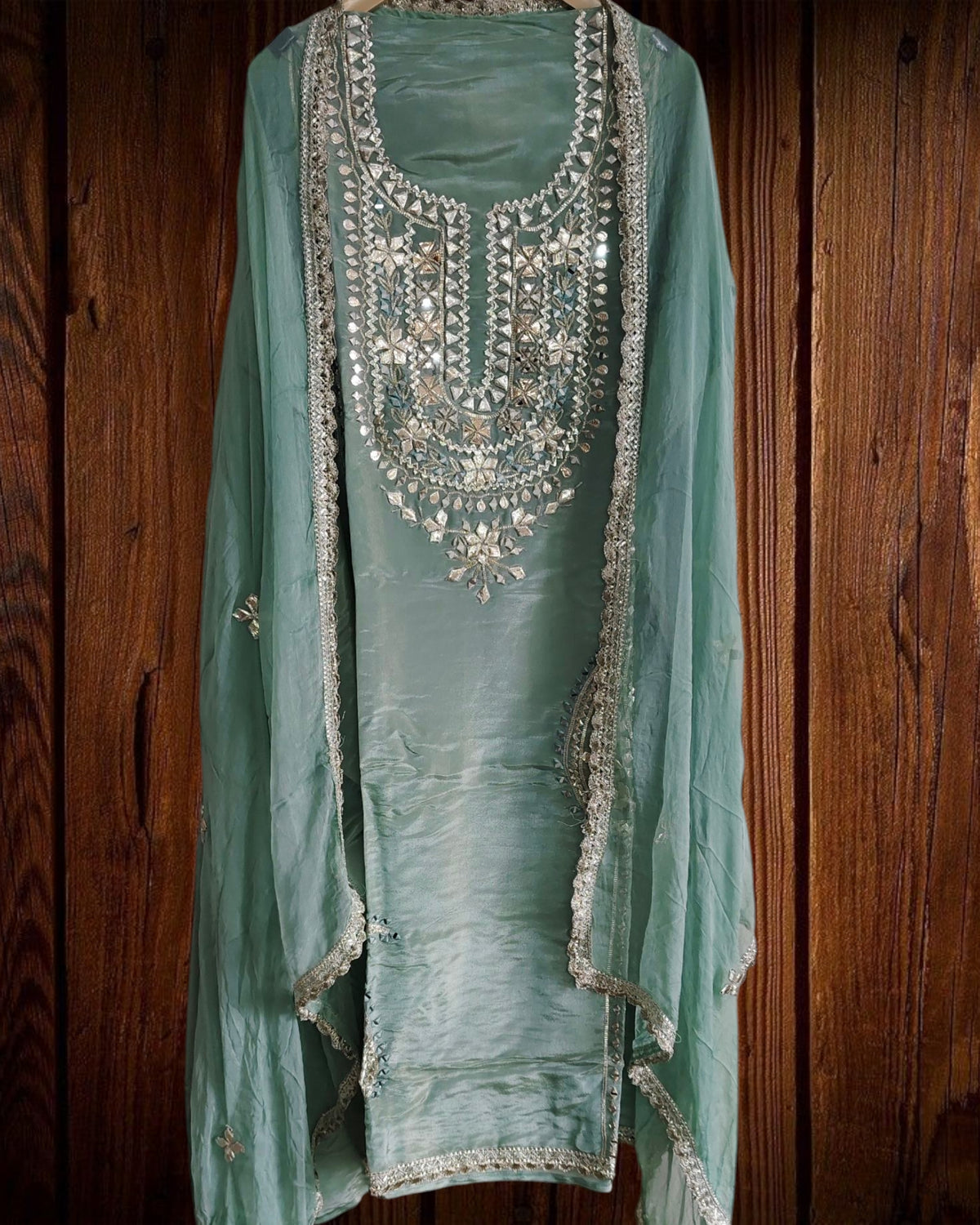 Opulent Elegance Shimmer Tissue Unstitched Suit with Gotta Detailing