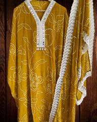 Chinnon Digital Print Mirror Glow Suit Set with Crochet Lacing Stole Dupatta