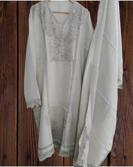 Linen Cotton Suit Set with Sequin Crochet Detailing & Designer Dupatta