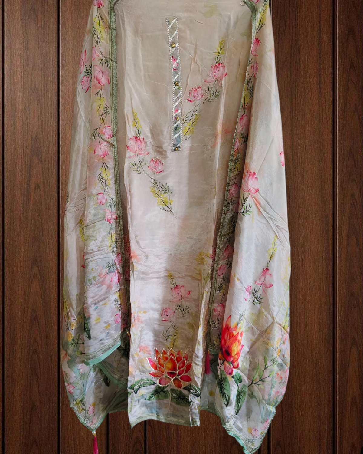 Glass Organza Digital Print Unstitched Suit with Embroidery & Tassel Dupatta