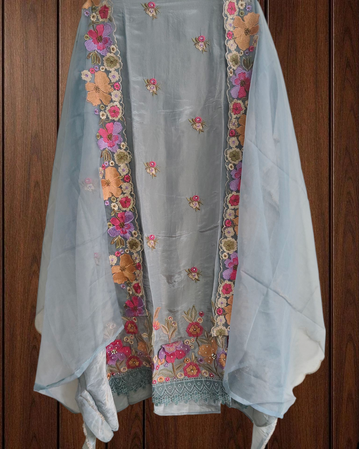 Elegant Shimmer Tissue Suit with 3D Parsi Embroidery & Organza Dupatta