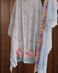 Elegant Shimmer Tissue Suit with 3D Parsi Embroidery & Organza Dupatta