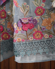 Elegant Shimmer Tissue Suit with 3D Parsi Embroidery & Organza Dupatta